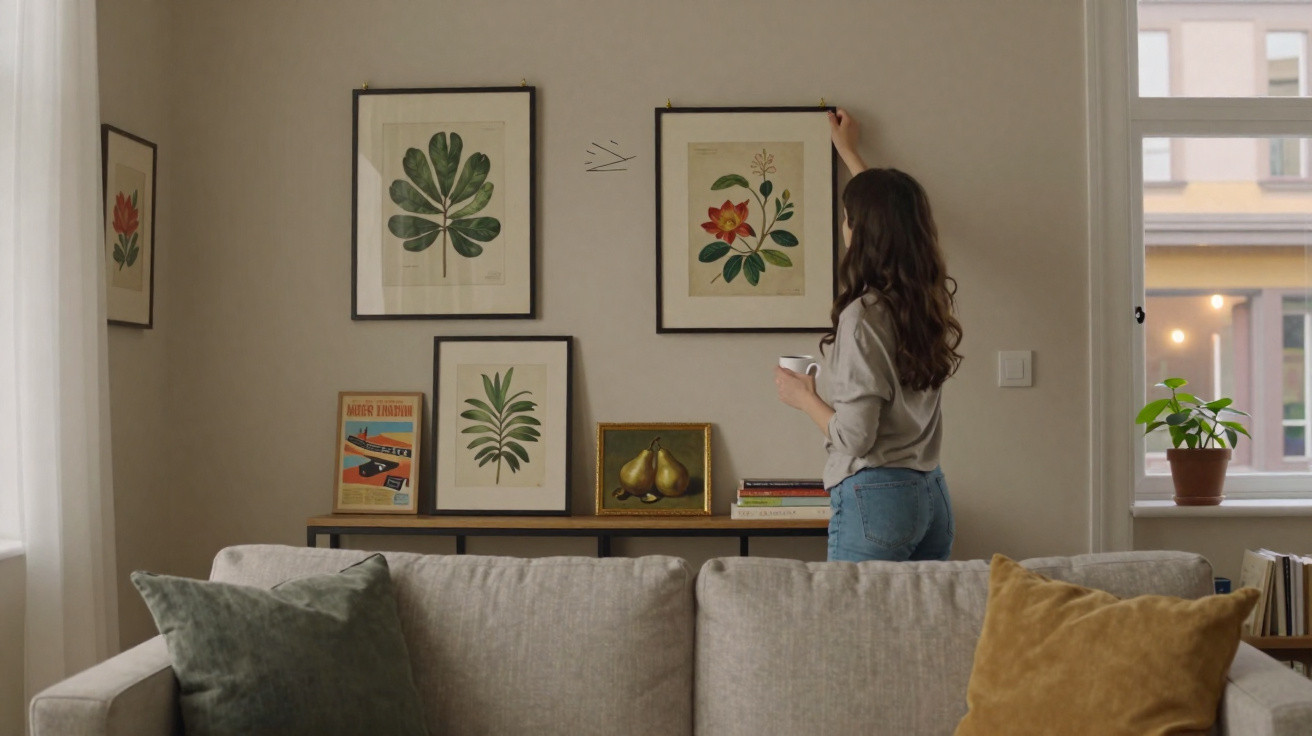 Woman hanging framed botanical print on living room wall above sideboard with books and art.