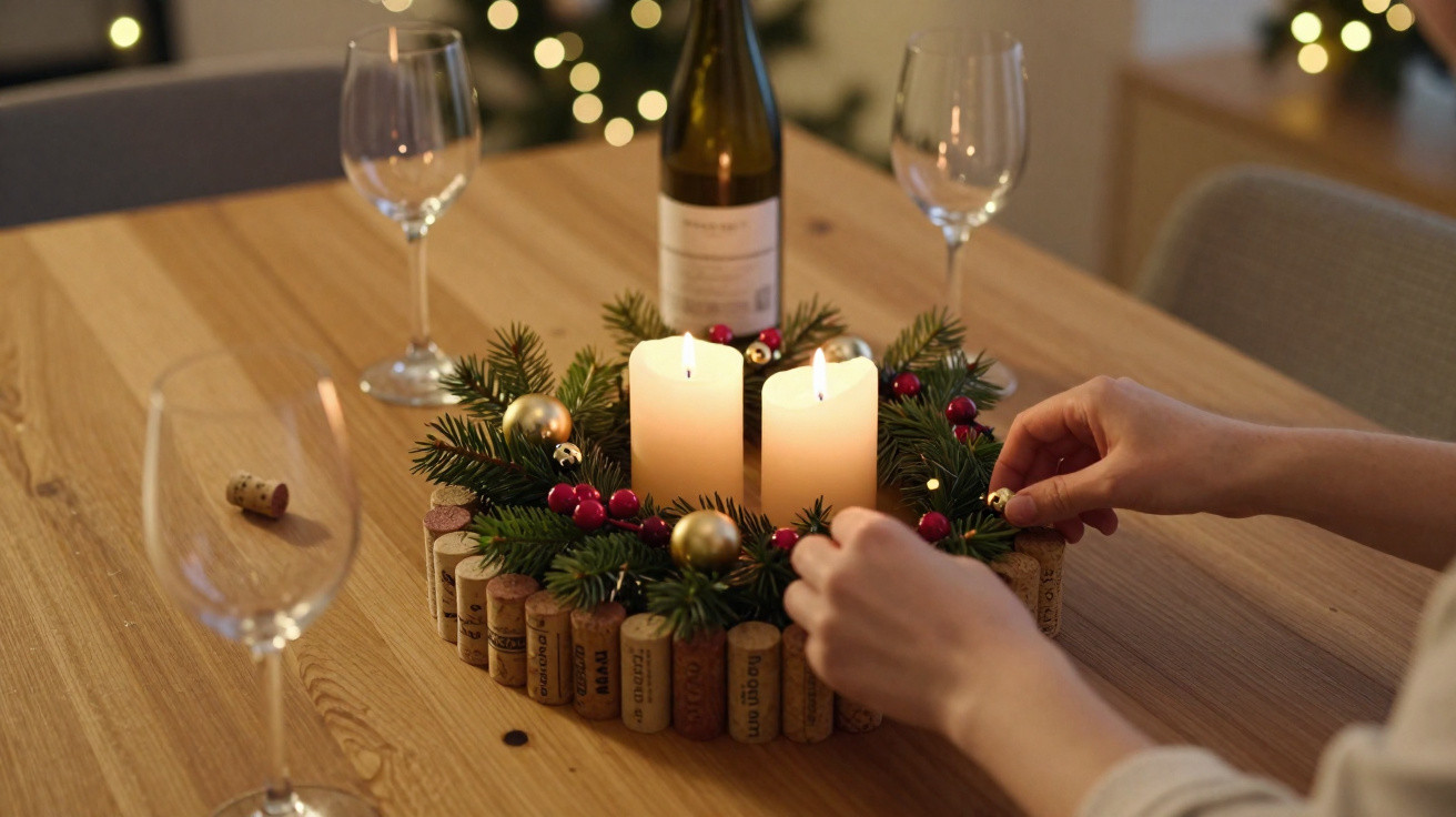 Hands arranging a festive candle centerpiece with pine, berries, and wine corks on a wooden dining table.