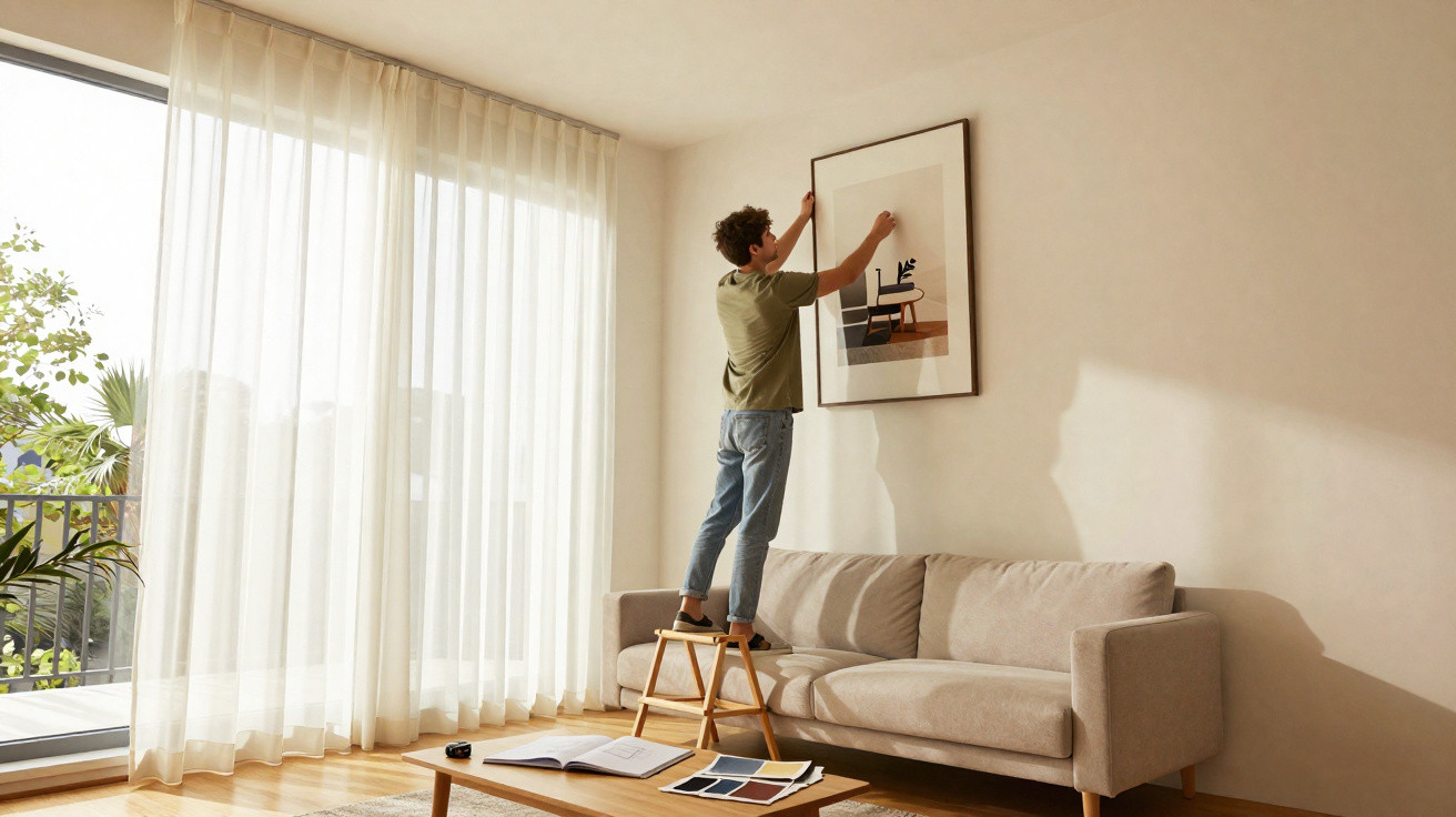 Man standing on a stool hangs framed artwork on the wall above a beige sofa in a sunlit living room.