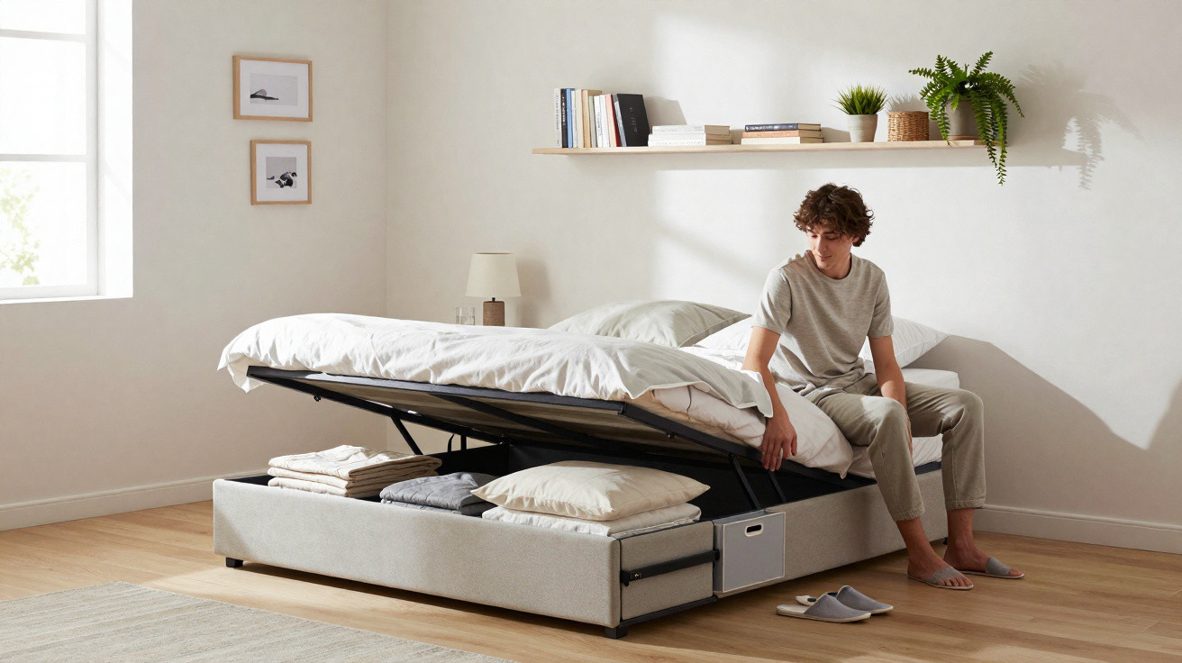 Man sitting on a modern storage bed lifting the mattress to reveal bedding and storage underneath in a bright bedroom.
