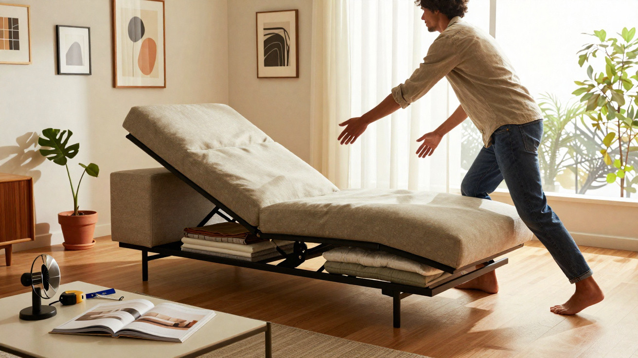 Person adjusting the backrest of a beige adjustable sofa bed in a sunlit living room.