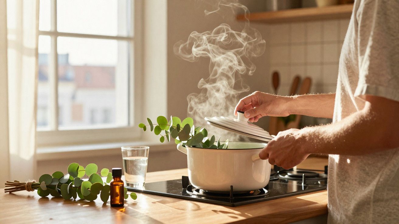 Person lifting lid off a steaming pot with eucalyptus branches on the kitchen counter by a sunny window.