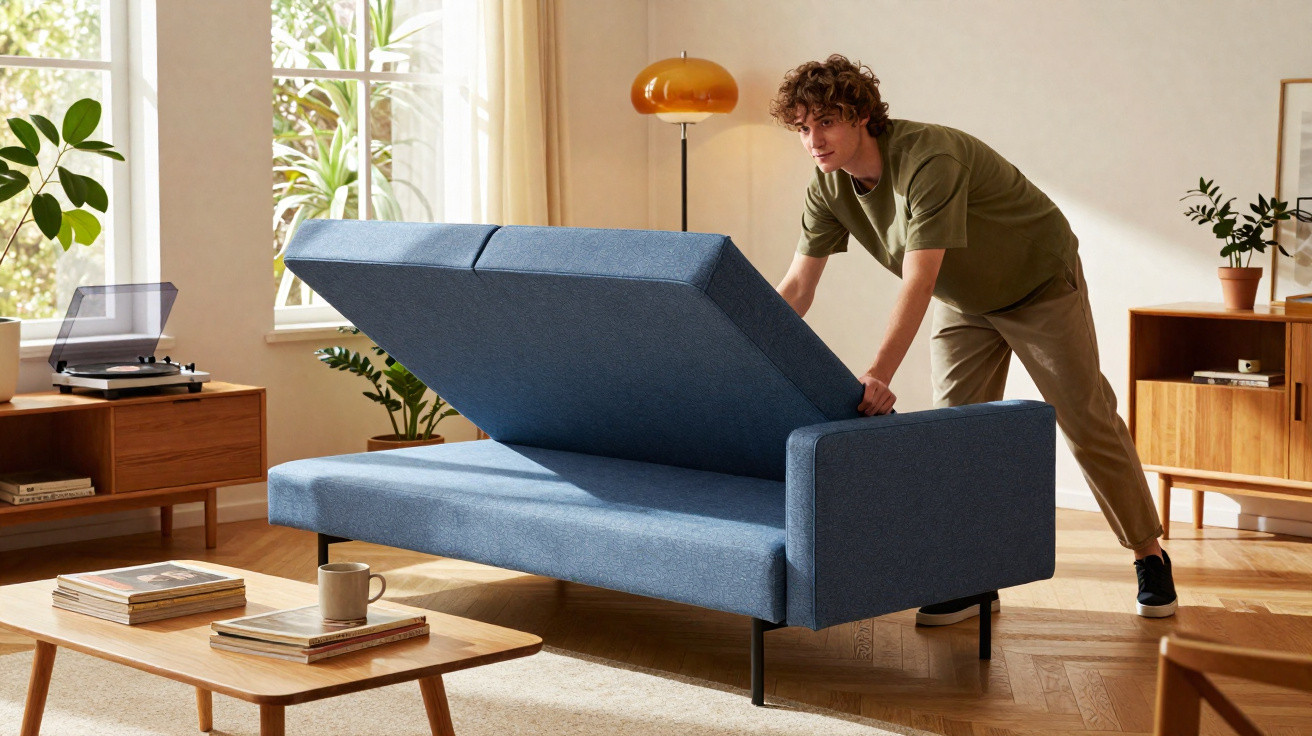 Man lifting the seat of a blue storage sofa bed in a sunlit living room with wooden furniture and plants.