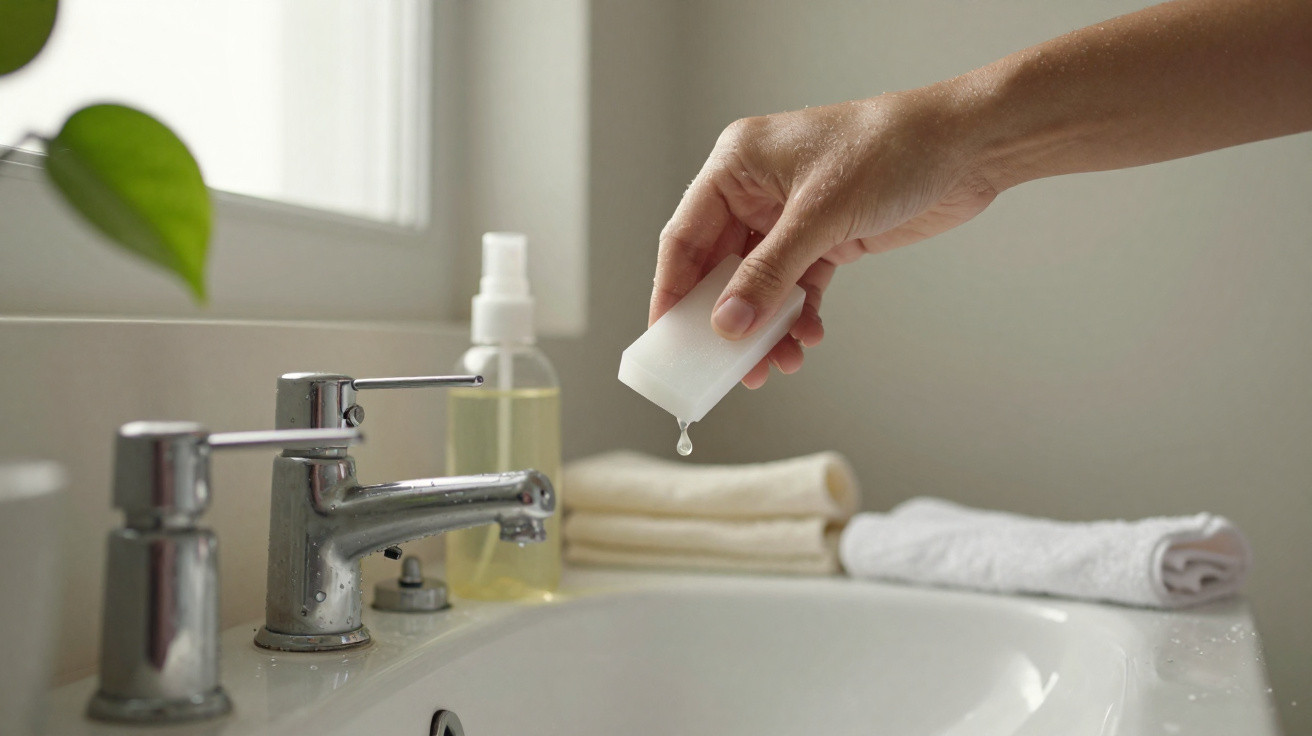 Hand holding solid soap with water dropping over bathroom sink and towels in the background