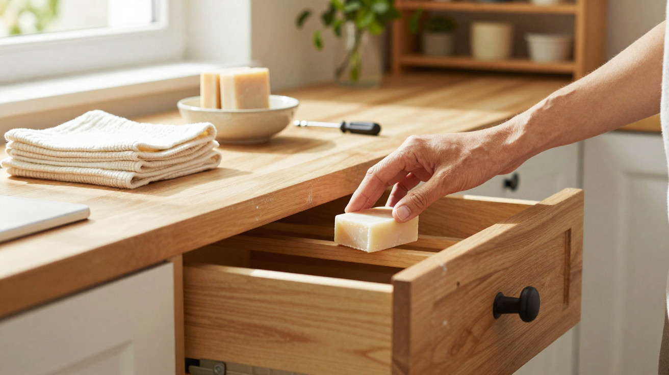 Hand placing a bar of soap inside a wooden kitchen drawer with folded towels and soap in a bowl nearby.