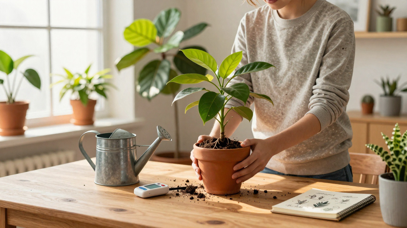 Person repotting a green plant on a wooden table with a watering can, soil, and a gardening notebook nearby.