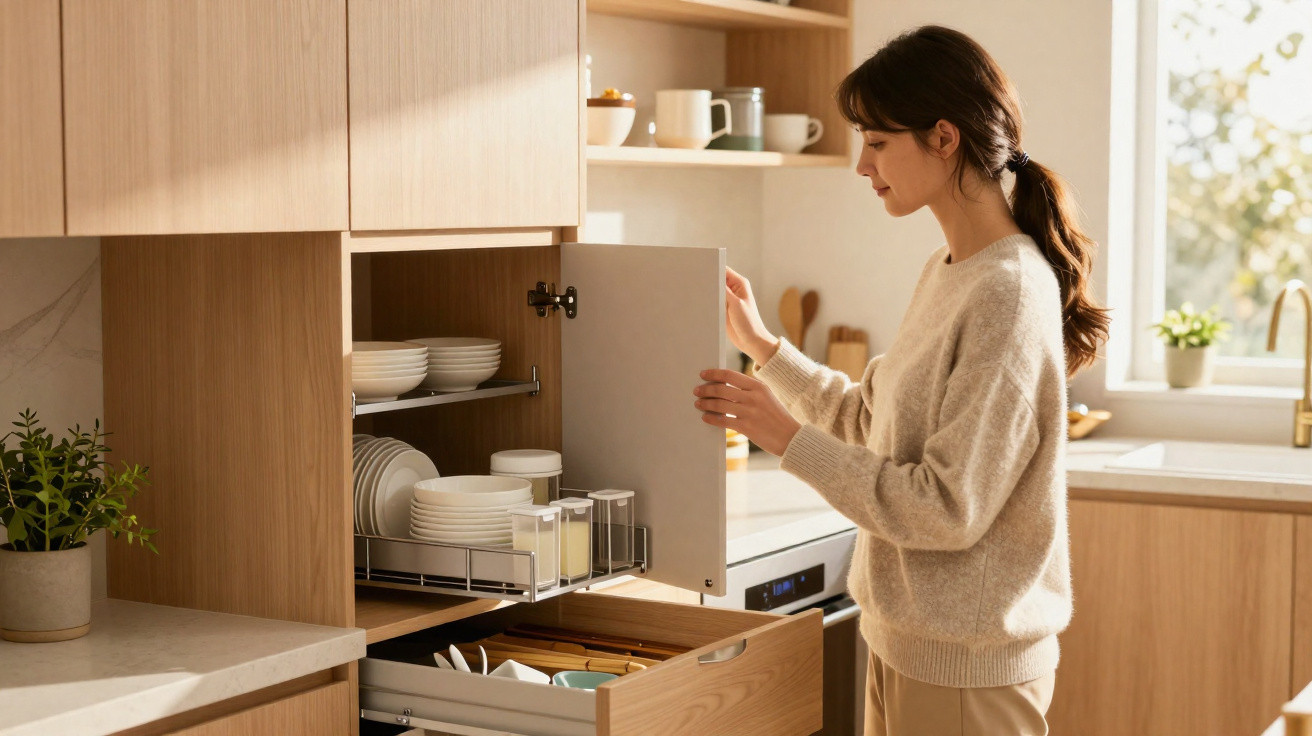 Woman organising dishes in a modern wooden kitchen cabinet with natural light from a window nearby.