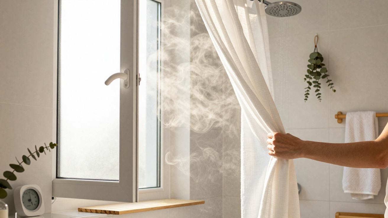 Hand pulling back white shower curtain in bright bathroom with steamy open window and hanging green foliage.