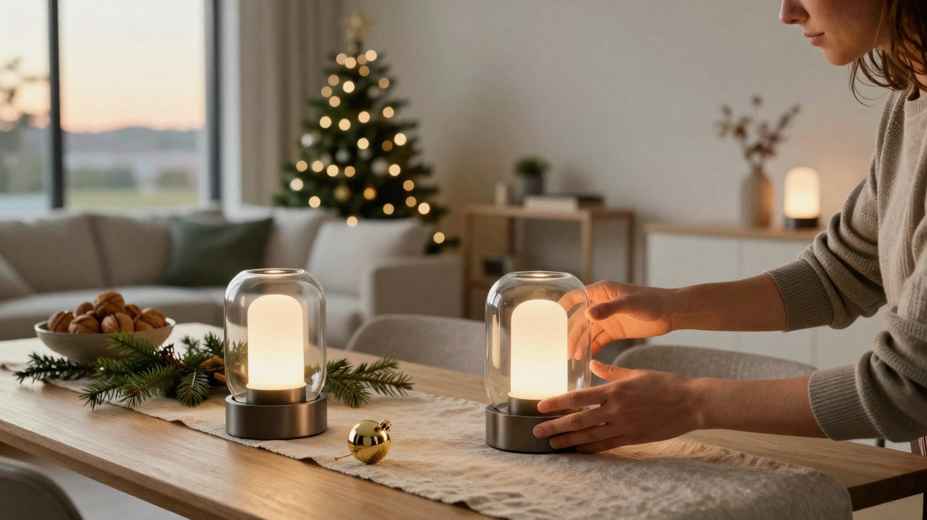 Person lighting modern table lamps on wooden dining table with festive decorations and Christmas tree in background