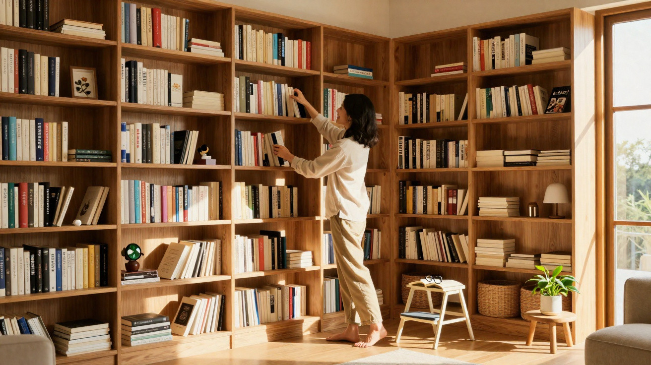 Woman barefoot arranging books on wooden floor-to-ceiling shelves in a sunlit room with large window.