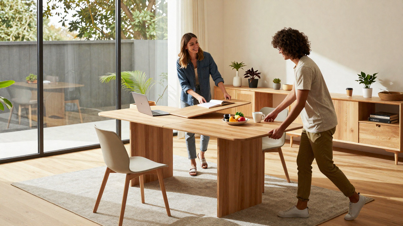 Two people adjusting a wooden extendable dining table in a bright, modern room with large windows.