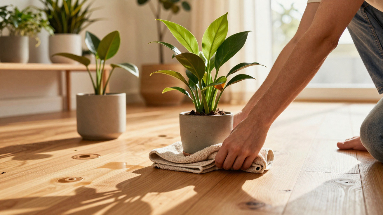 Person placing a potted plant on a wooden floor using a cloth in a sunlit room with other plants nearby.