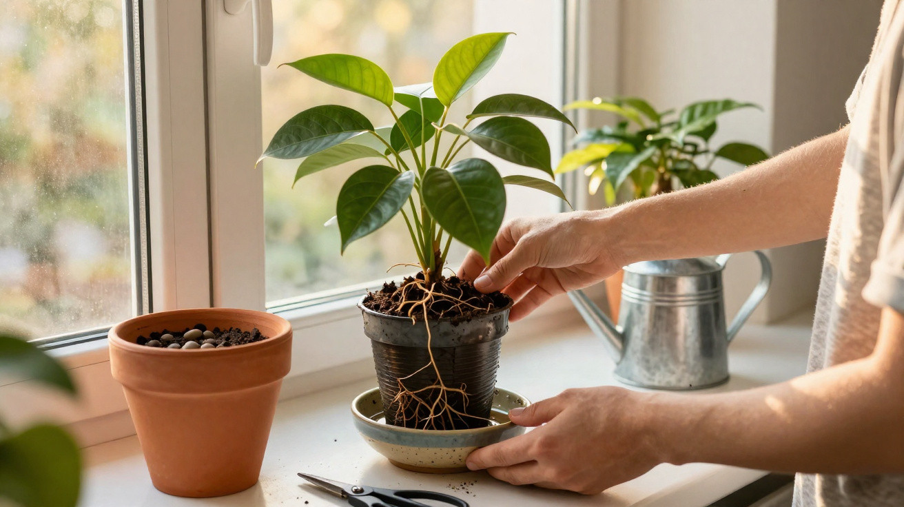 Person repotting a green houseplant by a sunny window with gardening tools and a watering can nearby.