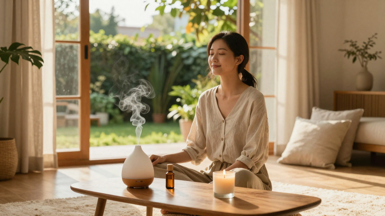 Woman meditating indoors with aroma diffuser, essential oil bottle, and candle on a wooden table in sunlight.