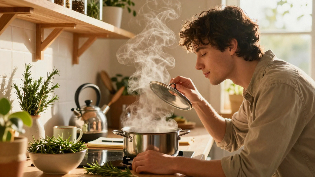 Young man lifting lid from steaming pot on stove in sunlit kitchen with potted herbs nearby