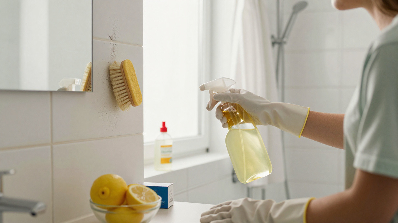 Person wearing gloves spraying cleaning solution on bathroom tiles with a scrubbing brush attached to the wall.