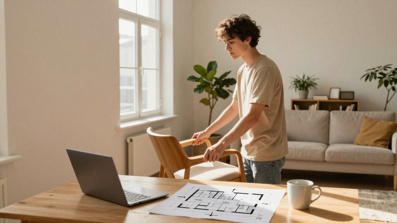 Young man arranging a chair by a desk with a laptop and architectural floor plan in a sunlit living room.
