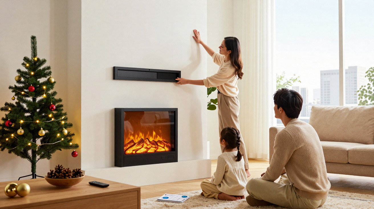 Family decorating living room with electric fireplace and Christmas tree during daytime.