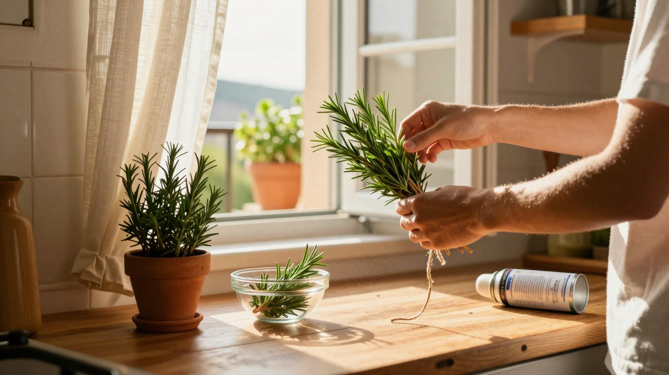Person tying a bundle of fresh rosemary above a wooden kitchen counter with potted herbs and sunlight.