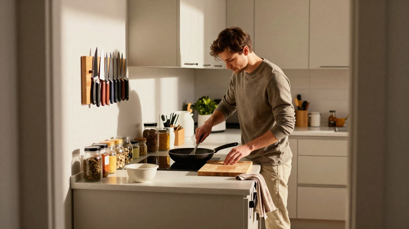 Man cooking in a modern kitchen stirring food in a frying pan on the stove with jars of ingredients nearby