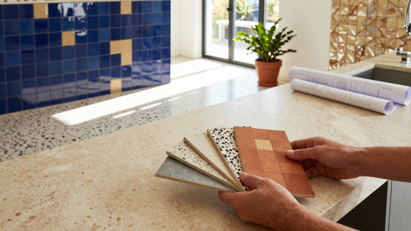 Hands holding various decorative tile samples on a stone countertop with rolled blueprints and a plant nearby.
