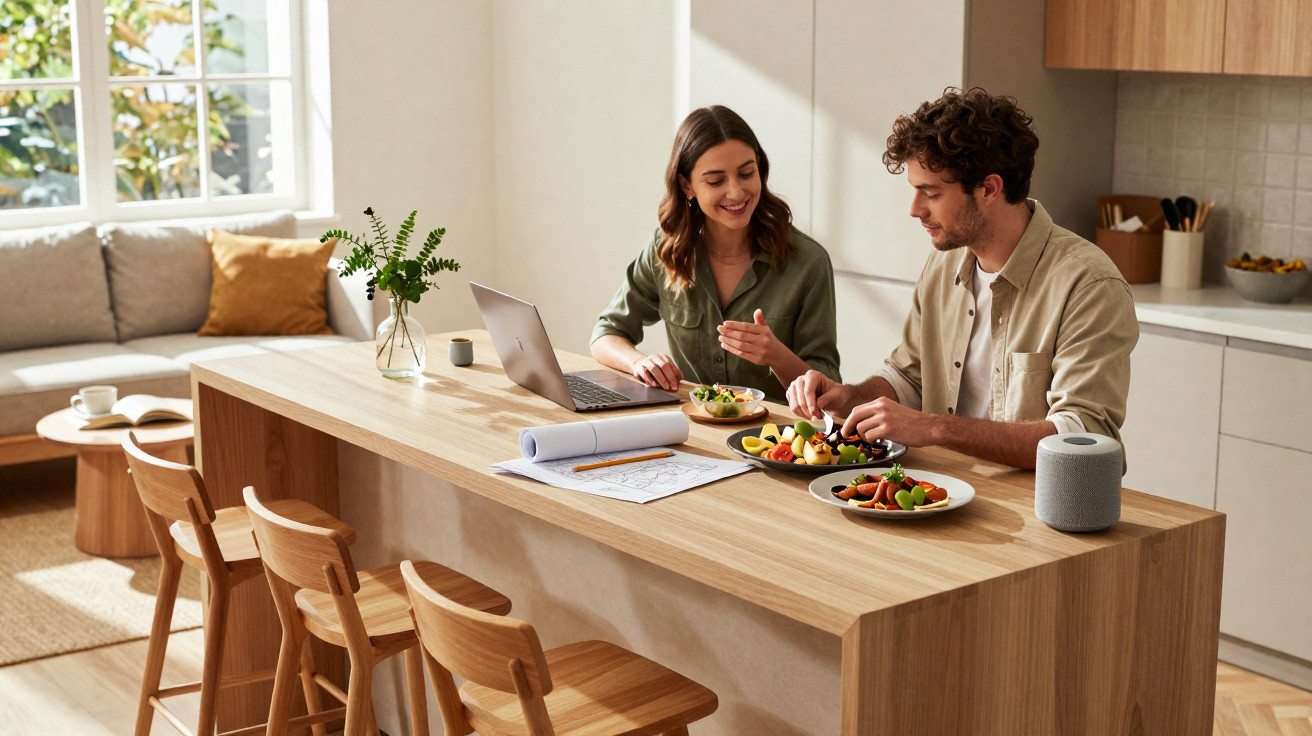 Couple eating fruit and salad at a modern kitchen island with laptop and architectural plans nearby.