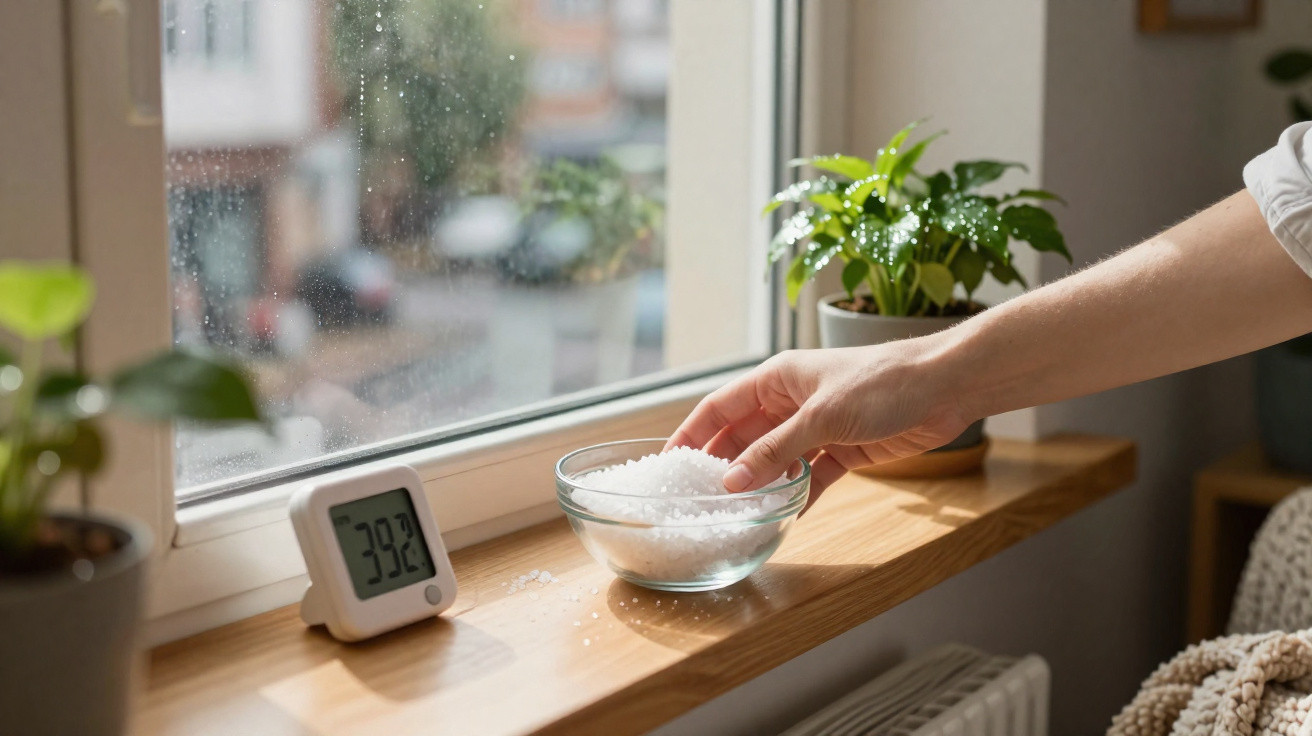 Hand reaching for a glass bowl of white pellets on a wooden windowsill with a digital thermometer showing 39.2°C.