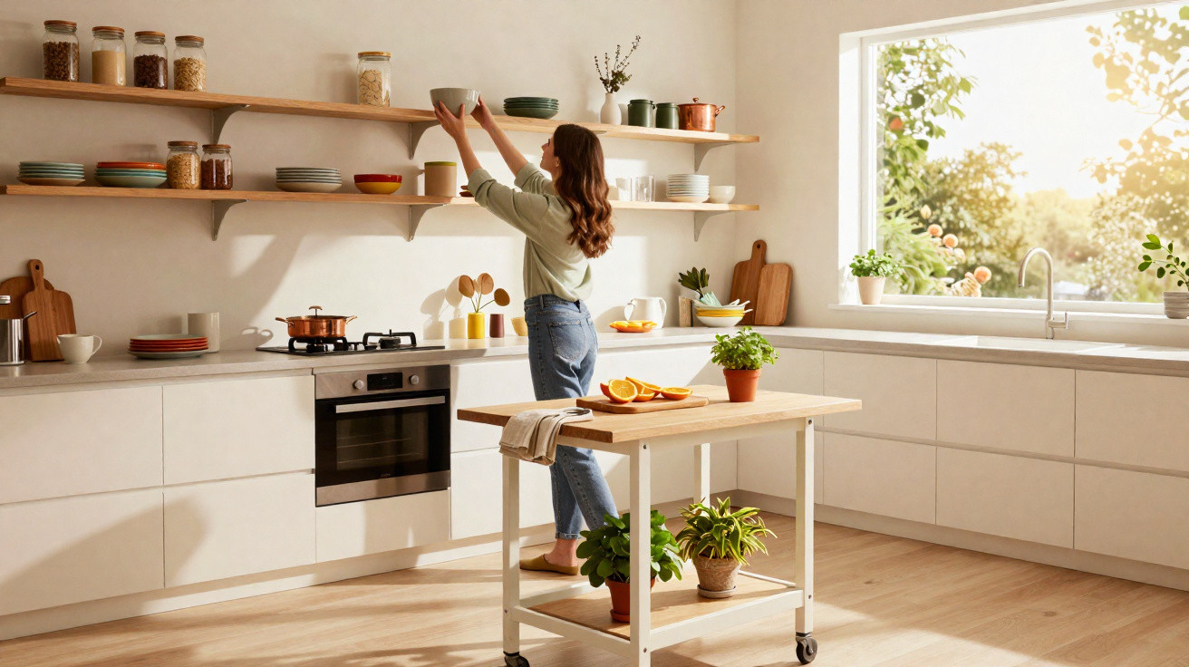 Woman reaching for bowls on wooden kitchen shelves in a bright, modern kitchen with plants and natural light.