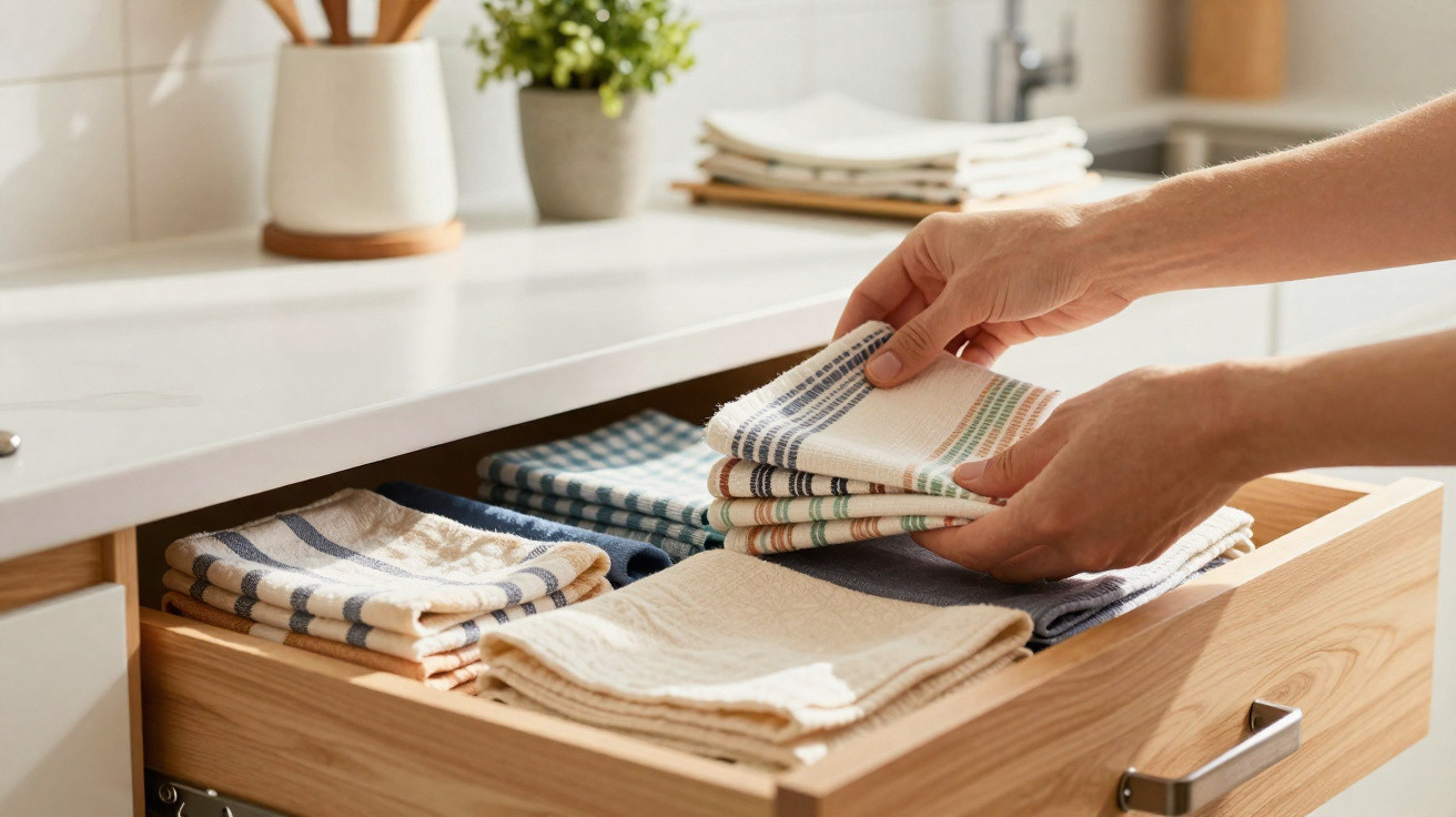 Hands neatly folding and organising striped tea towels in a wooden kitchen drawer under a white countertop.