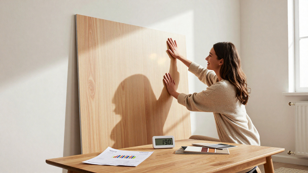Woman measuring a wooden board against a wall with charts and colour swatches on a table nearby.