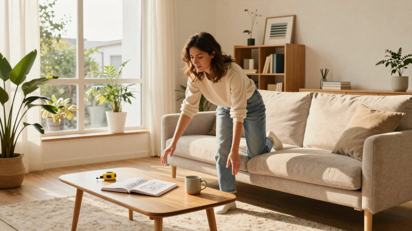 Woman reaching down from a sofa towards a coffee table with an open book and mug in a bright living room.