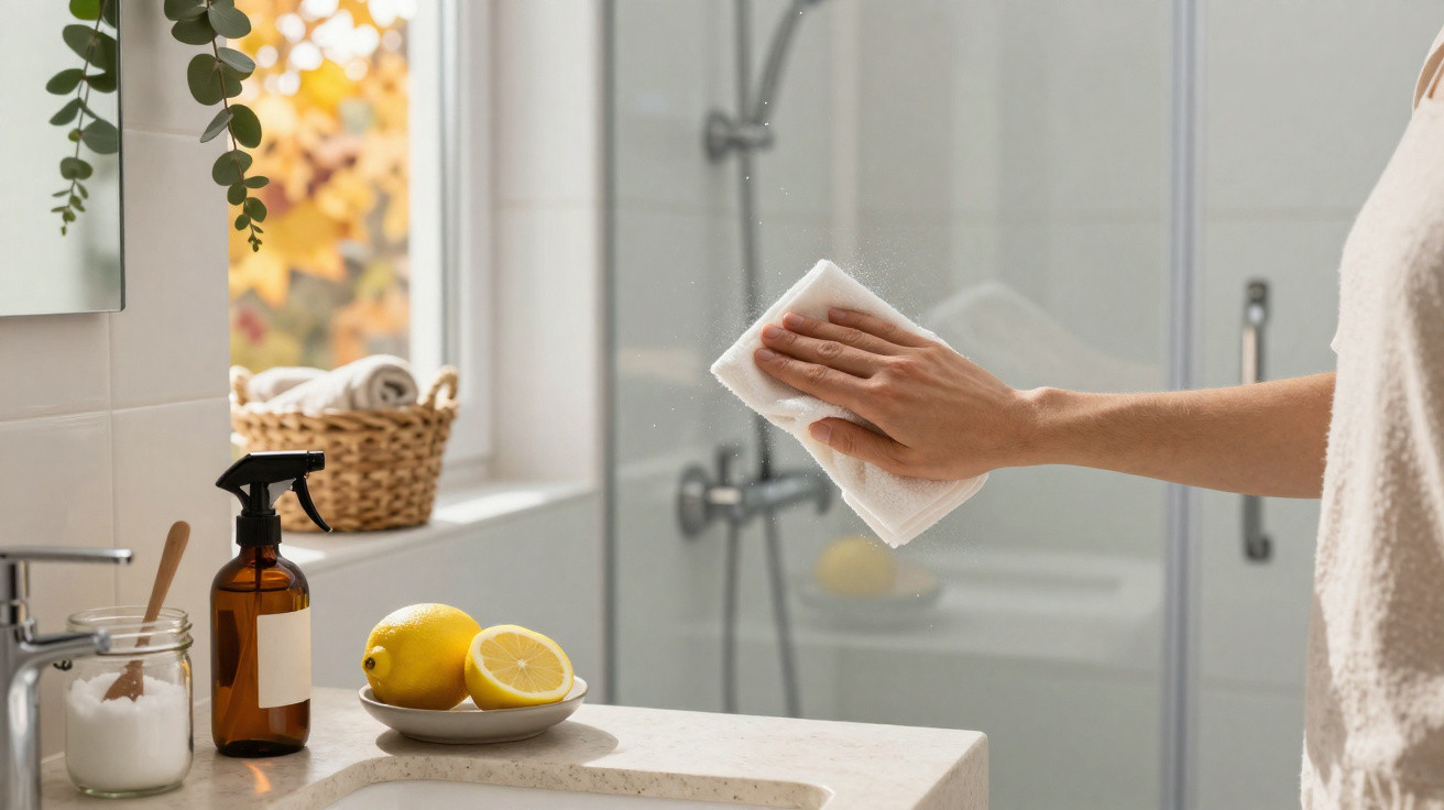 Hand wiping a glass bathroom mirror with a white cloth, lemons on a plate and cleaning spray on the counter.