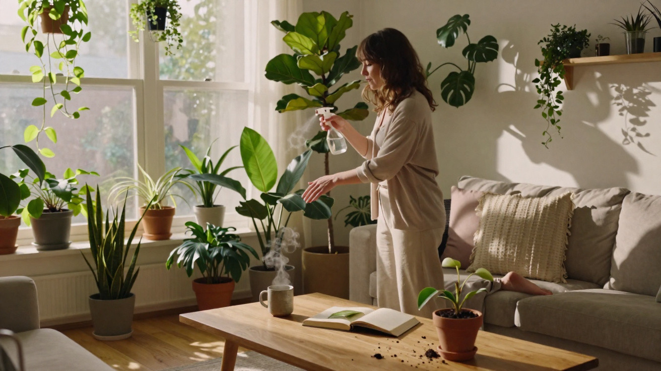 Woman watering indoor plants in a bright living room with sunlight streaming through large windows.