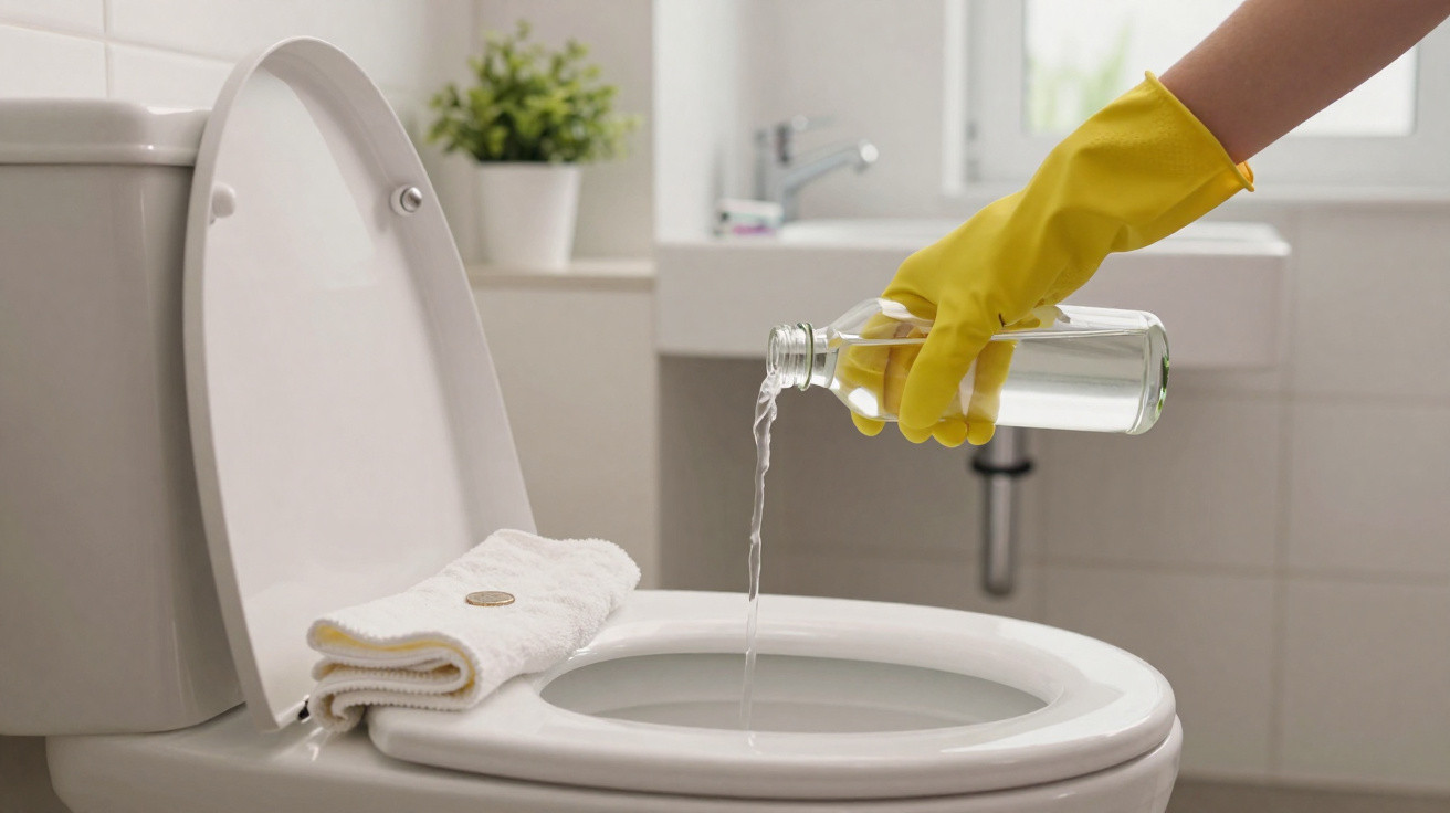 Hand in yellow glove pouring liquid from a glass bottle into a toilet bowl with a towel nearby