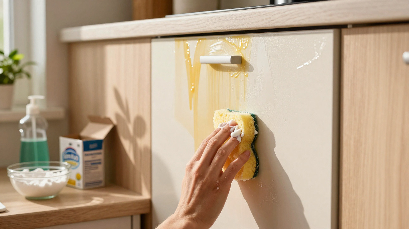 Hand cleaning sticky honey spill on kitchen cupboard door with a yellow sponge.