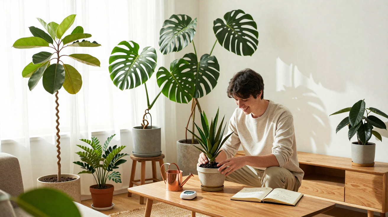 Young man tending to indoor plants on a wooden table in a bright, modern living room.