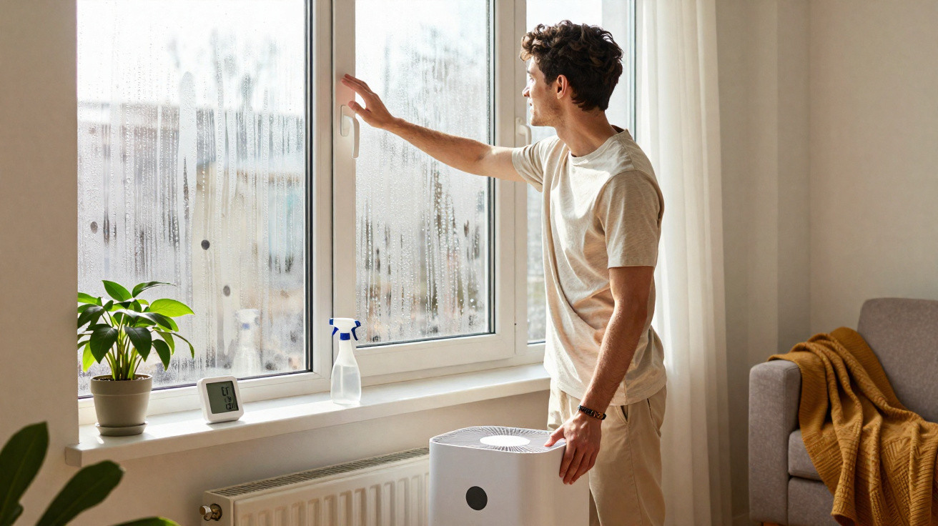 Man adjusting a window in a room with condensation, next to a dehumidifier and indoor plants.