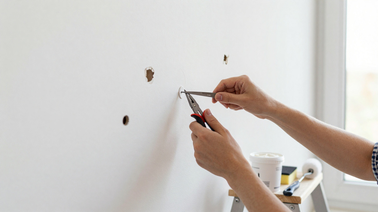 Hands using pliers to fix a wall anchor in a white wall with holes, near a window and ladder.