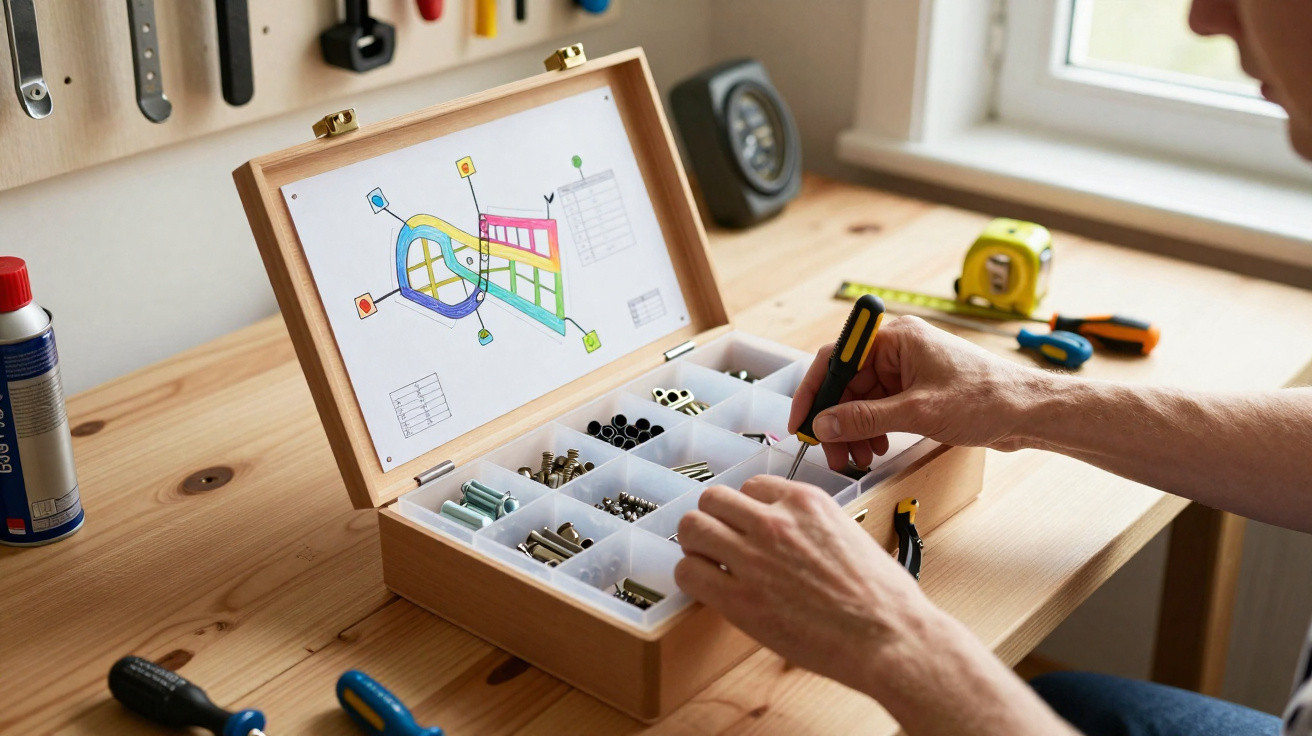 Person using screwdriver with organised box of screws and fasteners on wooden workbench near window