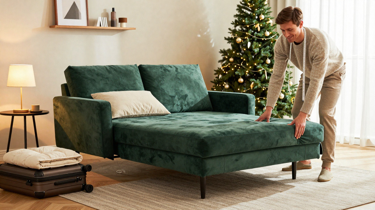 Man pulling out a green velvet sofa bed in a living room decorated for Christmas.