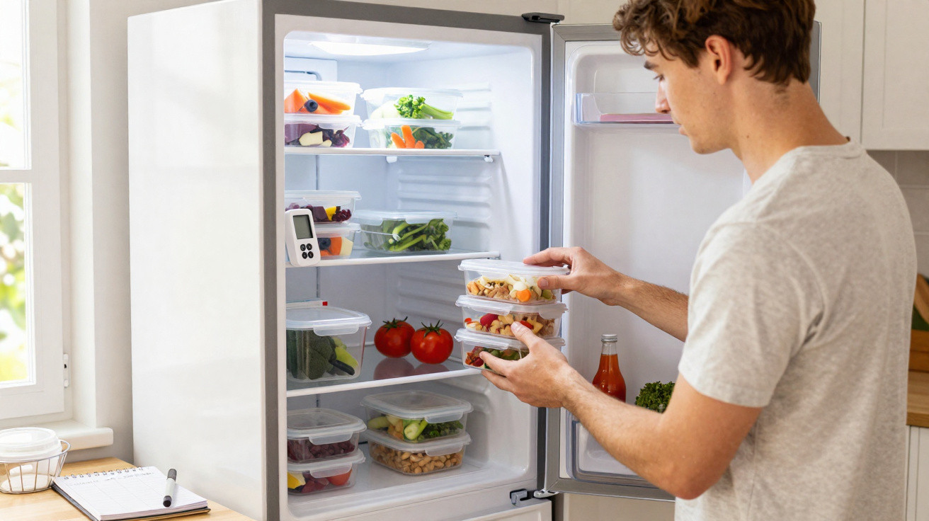 Young man organising three plastic containers with food inside a fridge filled with fresh vegetables and fruit.