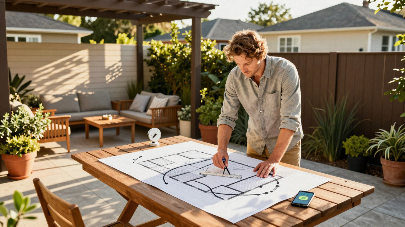 Man using a ruler to draw architectural plans on a wooden outdoor table in a sunny garden patio.