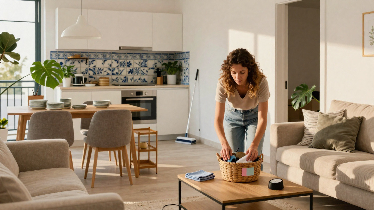 Woman tidying a basket on the coffee table in a bright, modern living room and kitchen space.