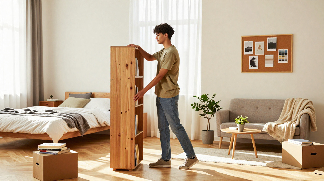 Young man arranging a wooden bookshelf in a bright, modern bedroom with a bed, sofa, and plants.