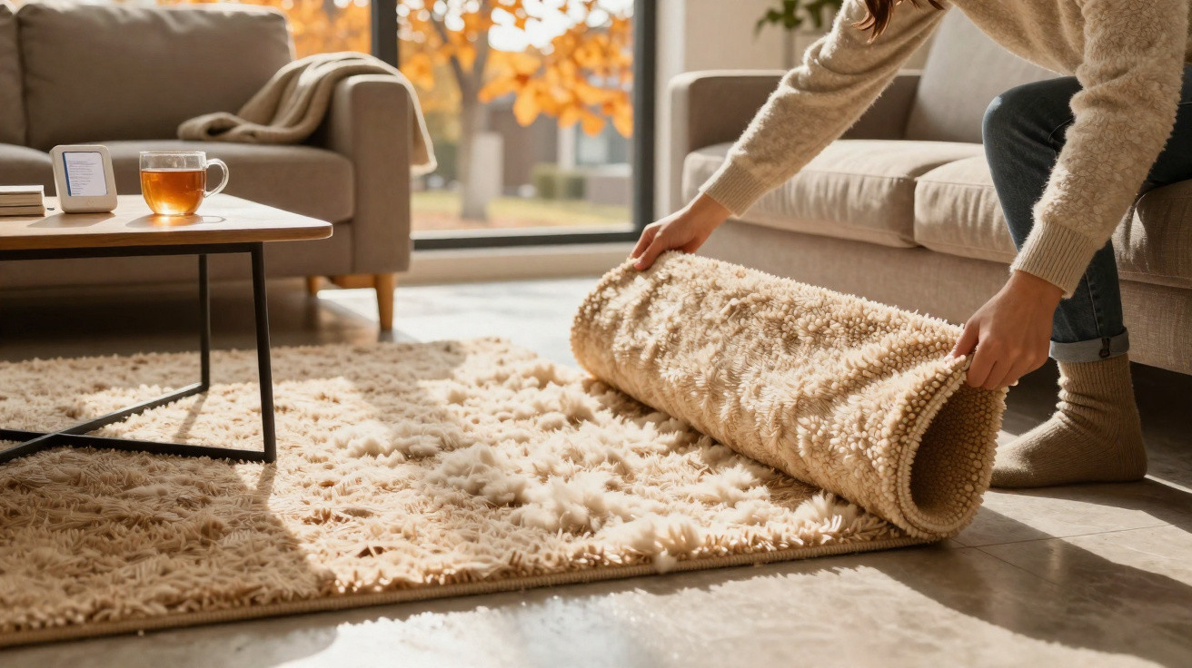 Person rolling out a fluffy beige rug in a sunlit living room with a sofa and tea on a coffee table.