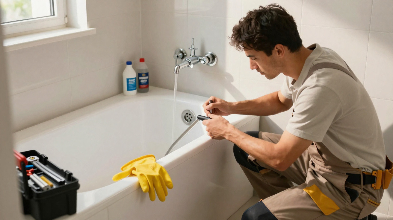 Plumber in overalls fixing a bathtub faucet with running water in a bright tiled bathroom.
