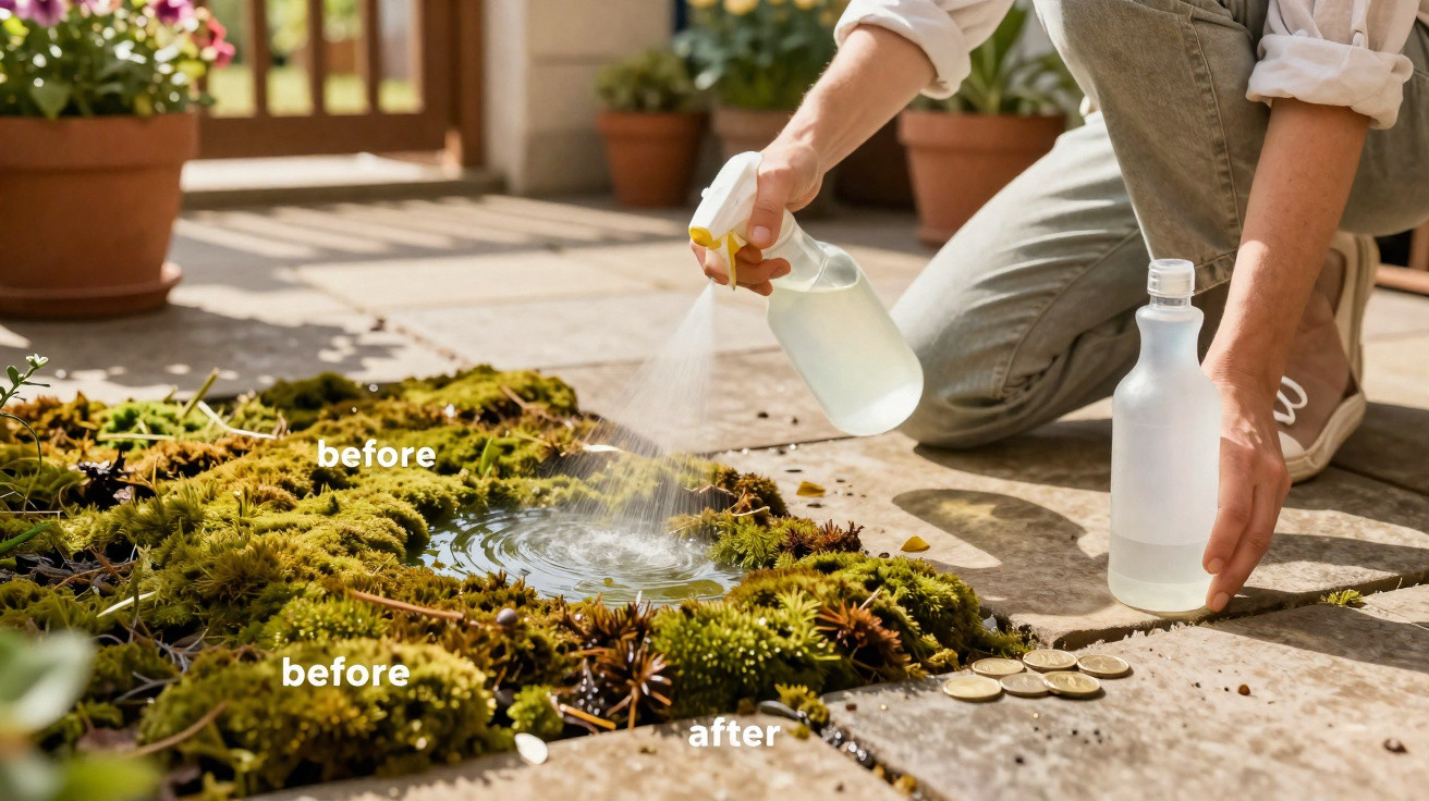 Person spraying liquid on mossy garden stones with "before" and "after" text showing cleaning effect.