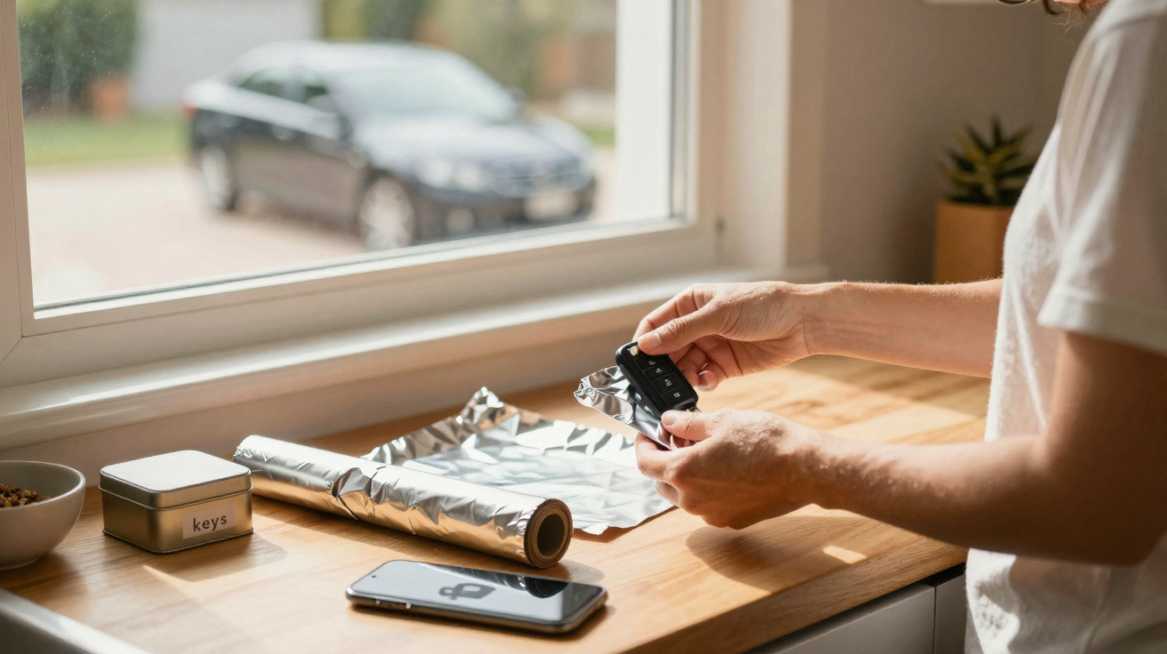 Person wrapping car keys in aluminium foil on a kitchen counter with a smartphone and labelled tin nearby.