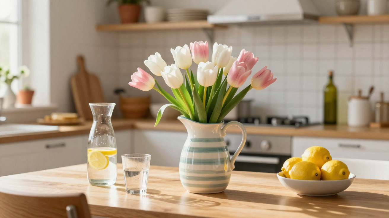 Pink and white tulips in a striped jug with a glass of lemon water and a bowl of lemons on a kitchen table.