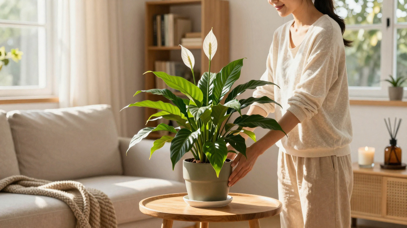 Person adjusting a potted peace lily plant on a wooden table in a bright living room.